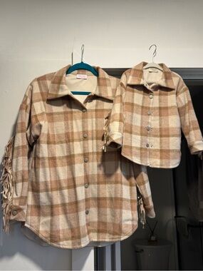 Pink Lily x Krista Horton Beige + cream Plaid Button-Down Shirt jacket w/fringe